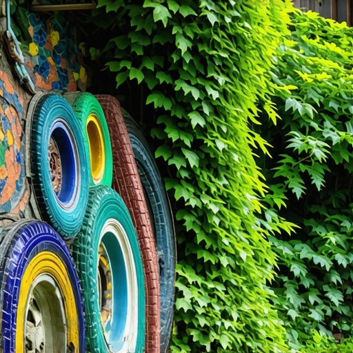 Colorful tire mosaic wall in lush garden with detailed patterns