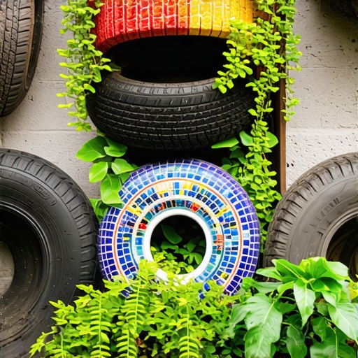 Vibrant tire mosaic wall in garden with greenery and flowers.
