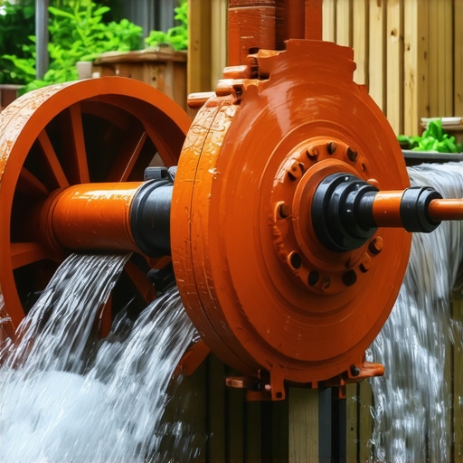 Close-up of miniature water wheel showing adjustable sluice gates and flowing water