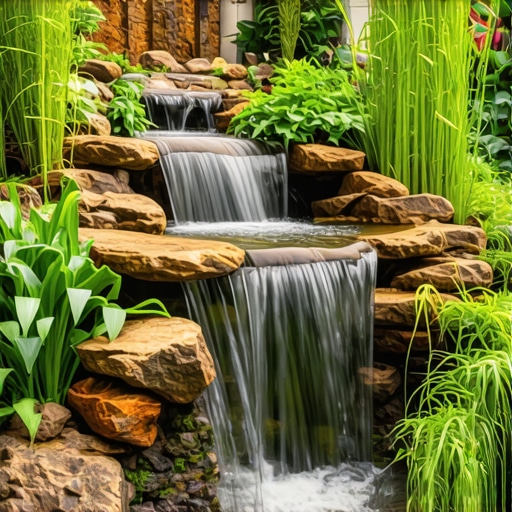 A natural garden waterfall with native plants and reclaimed stones creating a sustainable, serene scene.