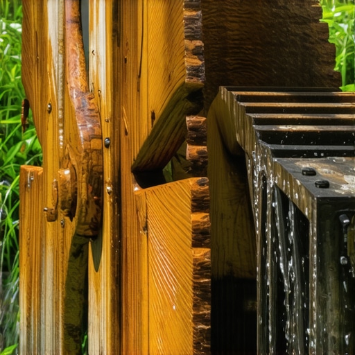 Reclaimed wood water wheel in a garden setting, showcasing upcycled materials and sustainable design