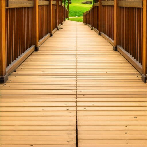 Close-up of a reclaimed wood garden bridge sealed with mineral-based treatment, highlighting the wood grain and protective finish in a vibrant garden setting.