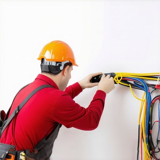 Professional electrician working on home wiring with safety gear