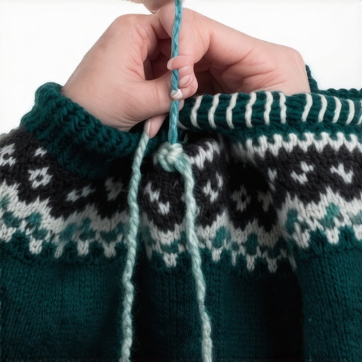 Close-up of hands knitting Fair Isle with controlled tension and color management