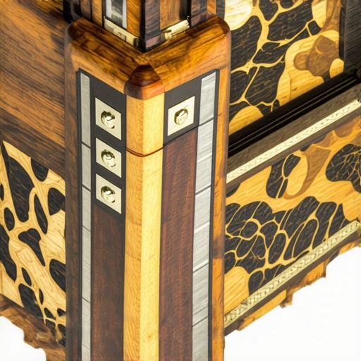 Close-up of detailed wood and metal inlay work on a decorative box.