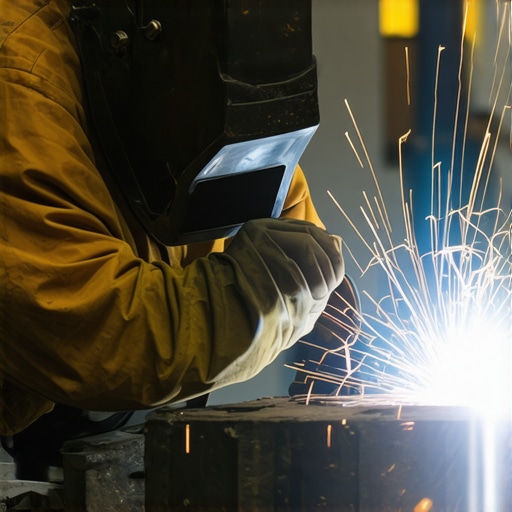 Skilled welder performing TIG welding on scrap metal sculpture with sparks in workshop