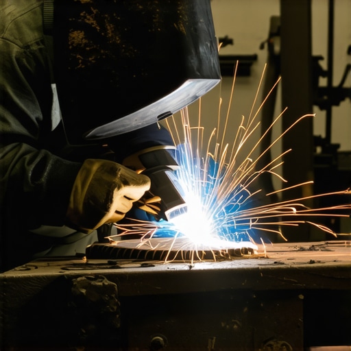 Skilled welder performing TIG welding on intricate scrap metal art in a workshop