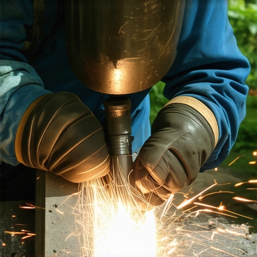Close-up of welding process on scrap metal sculpture showing sparks and weld joints