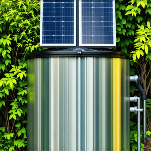 Smart rainwater harvesting setup with solar-powered pumps and sensors in a green garden
