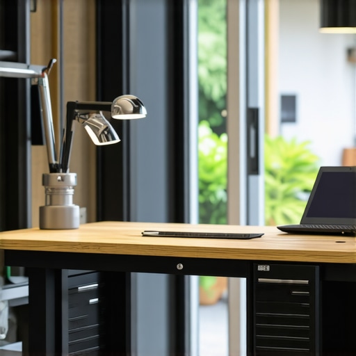 A sophisticated DIY workbench featuring adjustable height, smart lighting, and modular storage in a bright workshop environment.