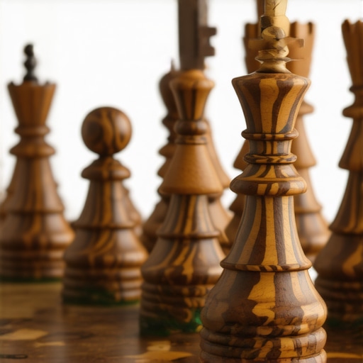 Close-up of detailed inlaid wooden chess pieces showcasing craftsmanship and contrasting materials