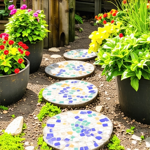 Colorful garden with sculptures and furniture made from reclaimed materials