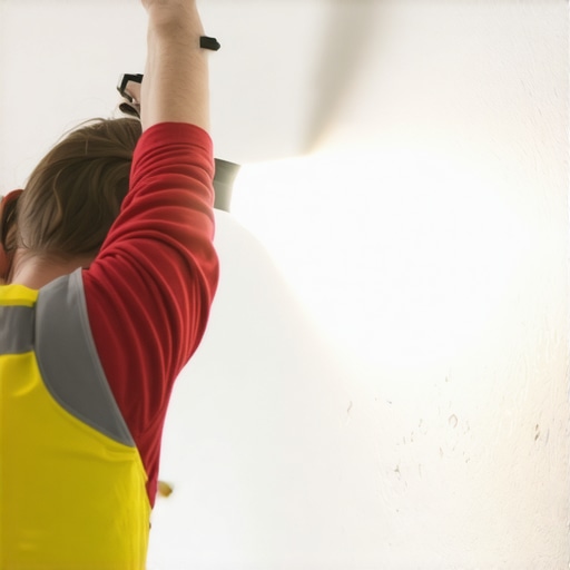 Person inspecting drywall repair with flashlight for surface imperfections