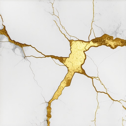 Close-up of a ceramic bowl repaired with gold lacquer highlighting cracks, showcasing intricate craftsmanship