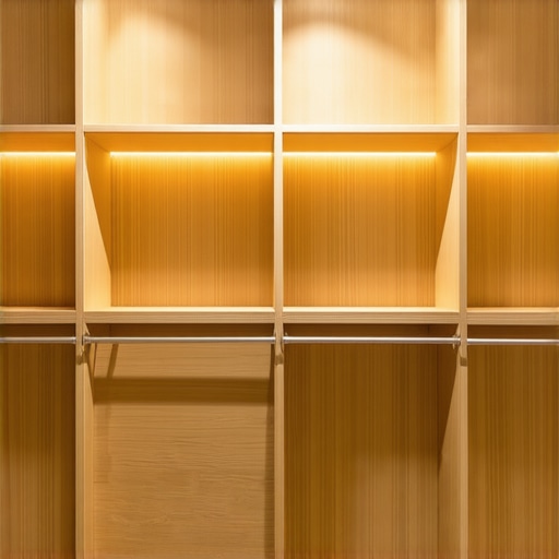 Closet interior with organized shelves, lighting, and custom storage solutions