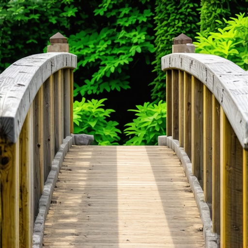 Close-up of a reclaimed wood garden bridge with natural oil finish in a lush garden