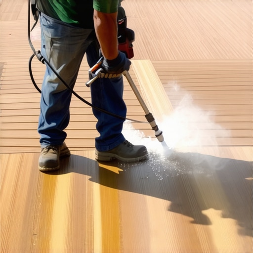 Expert applying sealant on a deck using a sprayer for even coverage.