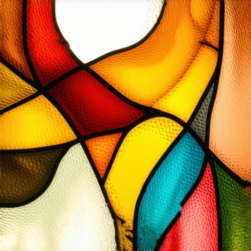 Close-up of textured stained glass with acid etching and layered colors