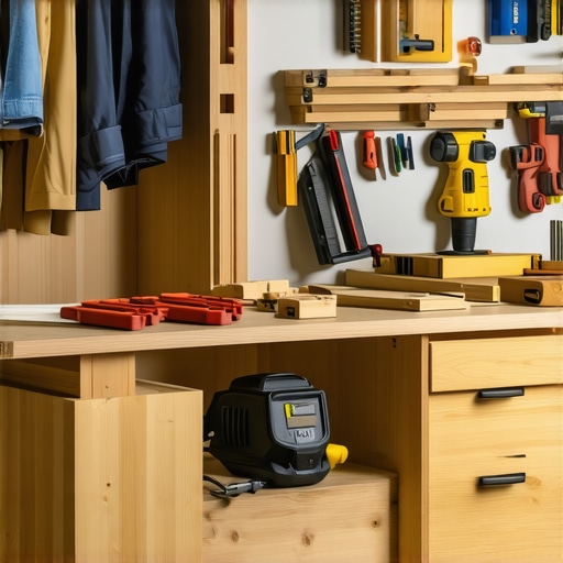 A workshop with woodworking tools and materials for wardrobe construction