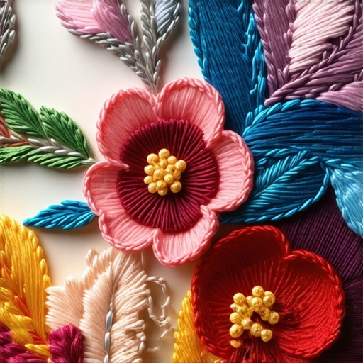 Close-up of embroidered textile art showcasing layered stitches, metallic threads, and 3D floral motifs
