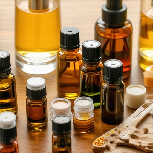 Advanced Perfume Crafting Setup A setup with essential oils, perfume bottles, and blending tools on a wooden table for perfume creation.