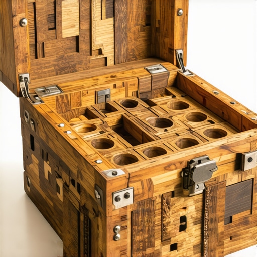 Close-up of a handcrafted wooden puzzle box revealing secret mechanisms and hidden compartments