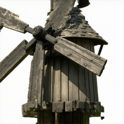 Authentic Miniature Windmill Close-up of a realistic miniature windmill with weathered wooden blades and rustic base.