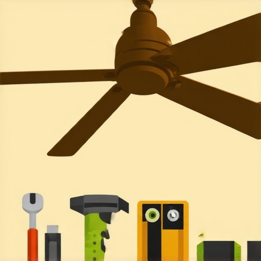 Tools and level used for installing ceiling fan on vaulted ceiling