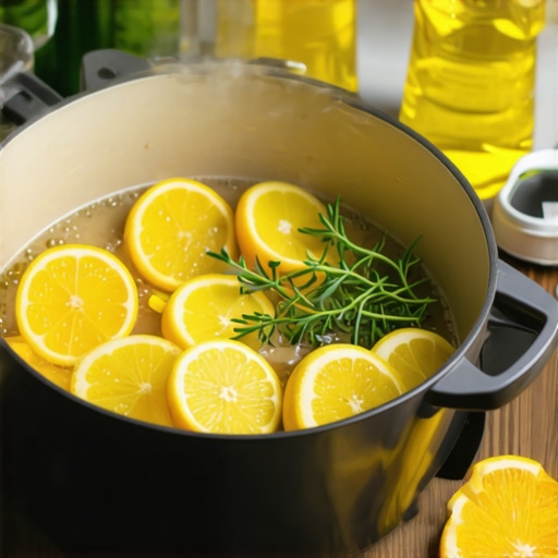 Kitchen scene with citrus peels and herbs simmering for homemade cleaners.