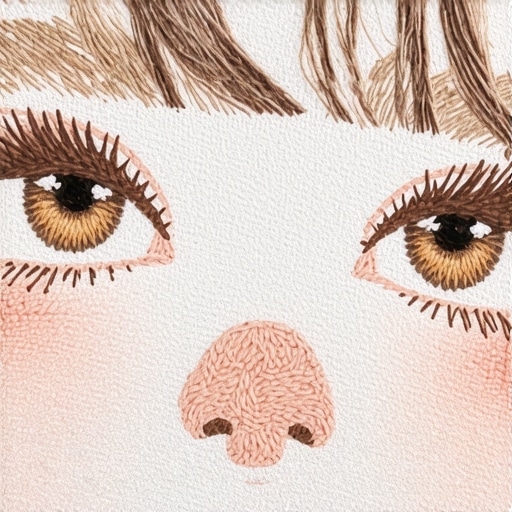 Close-up of an embroidered Waldorf doll face with detailed facial features and shading