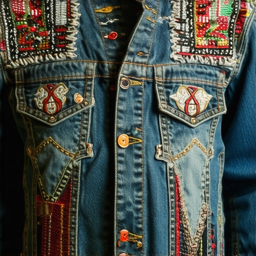Detailed embroidery on upcycled denim jacket Close-up of decorative embroidery and patches on denim fashion piece