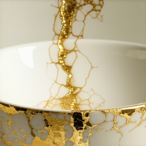 A repaired ceramic bowl with gold-filled cracks highlighting the beauty of kintsugi.