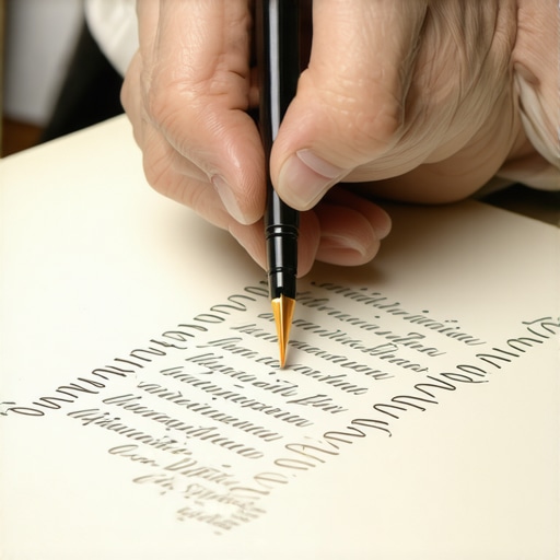 Close-up of a hand holding a nib and creating intricate copperplate strokes on high-quality paper