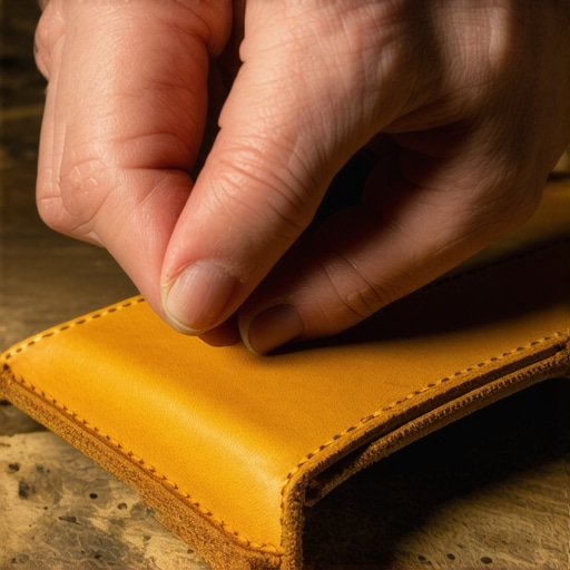 Close-up of a leatherworker burnishing a smooth, polished edge on a leather wallet