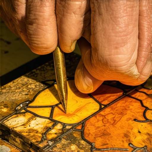 Expert copper foil crafting close-up Close-up of artisan shaping copper foil for stained glass work