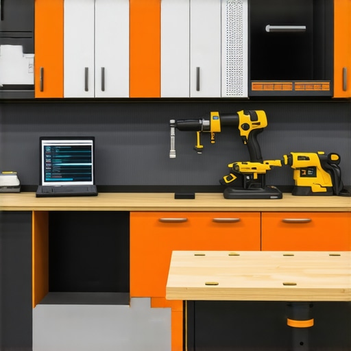 A modern ergonomic DIY workshop with custom padding, vibration dampening, and smart adjustable workbenches.