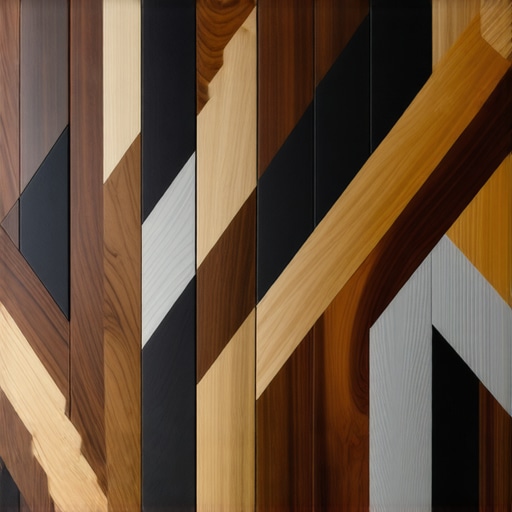 Intricate Geometric Inlay Pattern with Metal and Wood A close-up of an intricate geometric wood inlay featuring contrasting woods and metallic details, highlighting craftsmanship.