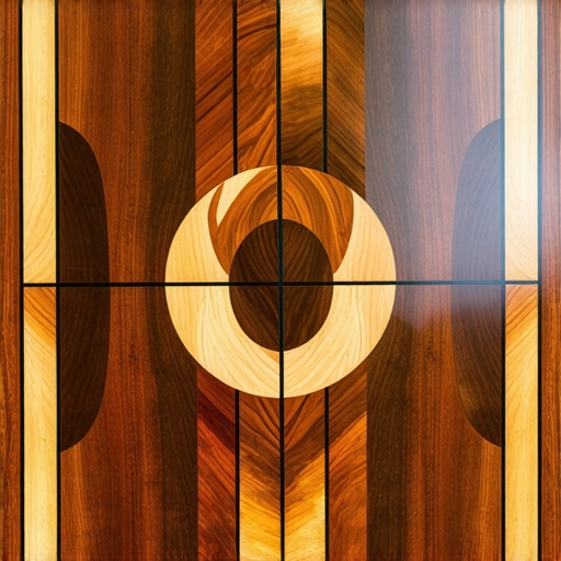 Intricate Wood Inlay Work Close-up of detailed wood inlay with contrasting wood grains, showcasing expert craftsmanship