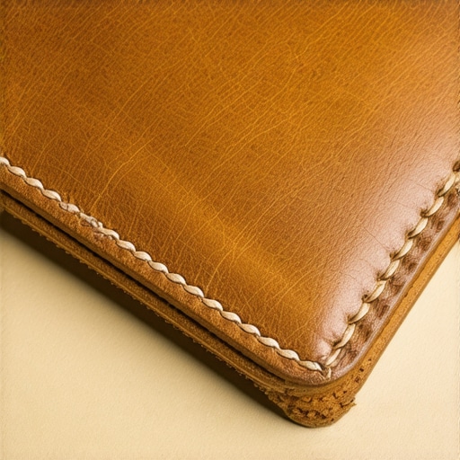 Close-up of a leather wallet showcasing detailed stitching and polished edges in an artisan workshop
