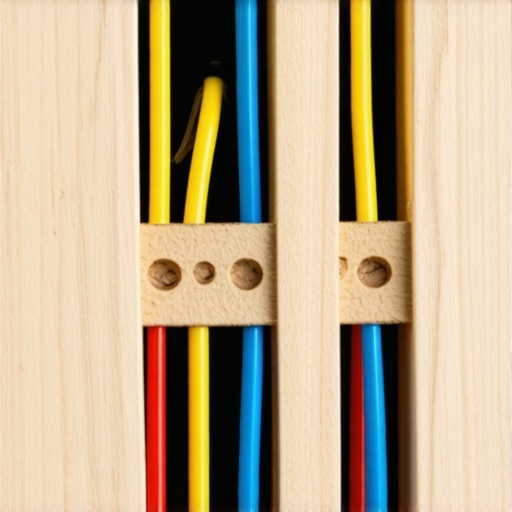 Micro-channel Routing in Miniature Dollhouse Close-up image showing tiny carved grooves in wood with routed insulated wires for miniature lighting