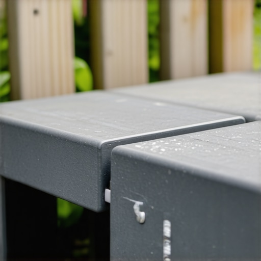 Modular recycled plastic outdoor bench with quick-release parts A detailed view of a modular outdoor bench constructed from recycled plastic with easy-to-assemble parts, placed in a garden setting