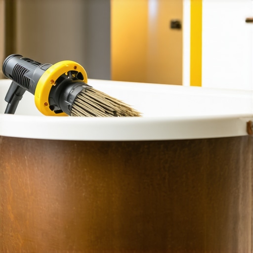 Professional Surface Preparation for Cast Iron Bathtub Refinishing Close-up of wire brush and sander working on a cast iron bathtub to remove rust and old paint, highlighting detailed surface prep.