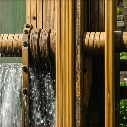 Close-up of a realistic miniature water wheel showing weathered wood paddles and water effects