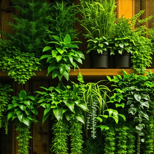 Sustainable Indoor Garden with Reclaimed Materials Vertical indoor garden made from reclaimed wood and lush green plants