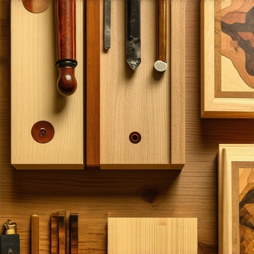 Close-up of marquetry tools and inlay wood pieces on a workbench.