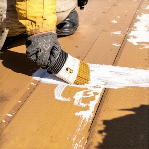 Advanced Deck Sealing Technique Person applying sealant with a brush on wooden deck for durability