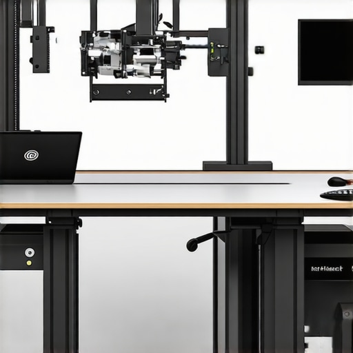 Advanced Ergonomic Workbench with Smart Adjustments A modern ergonomic workbench featuring motorized height and tilt adjustments, integrated lighting, and ventilation in a bright workshop.