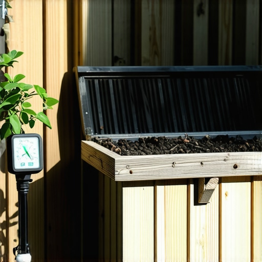 Advanced Worm Bin with Climate Monitoring A worm compost bin made from reclaimed wood with adjustable vents and climate monitoring tools in a lush garden setting.