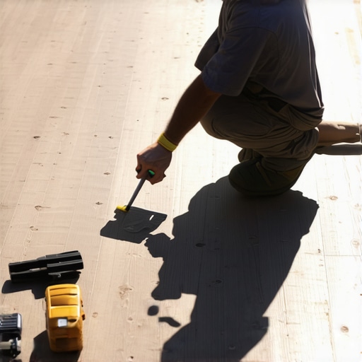 DIY enthusiast using advanced sealing products on outdoor wooden deck in sunny weather.