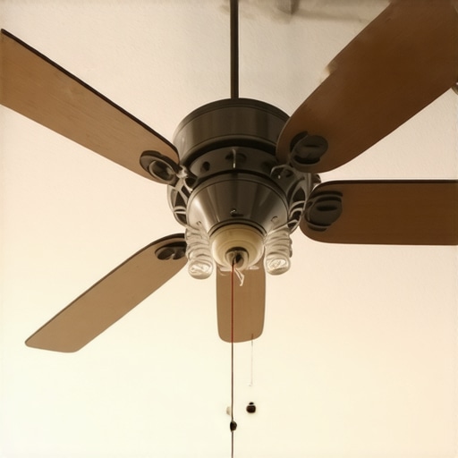 Expert balancing a ceiling fan with weights and laser level on uneven ceiling